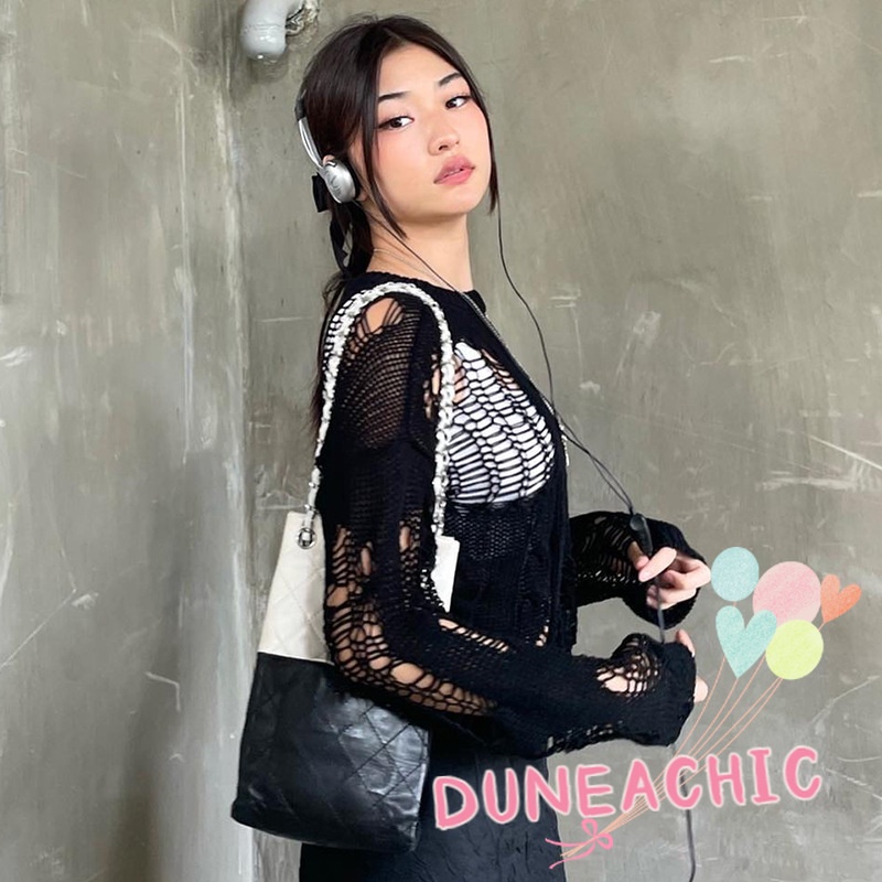 Áo Dệt Kim Khoét Rỗng Dáng Rộng Phong Cách Retro Cho Nữ DUNEA818