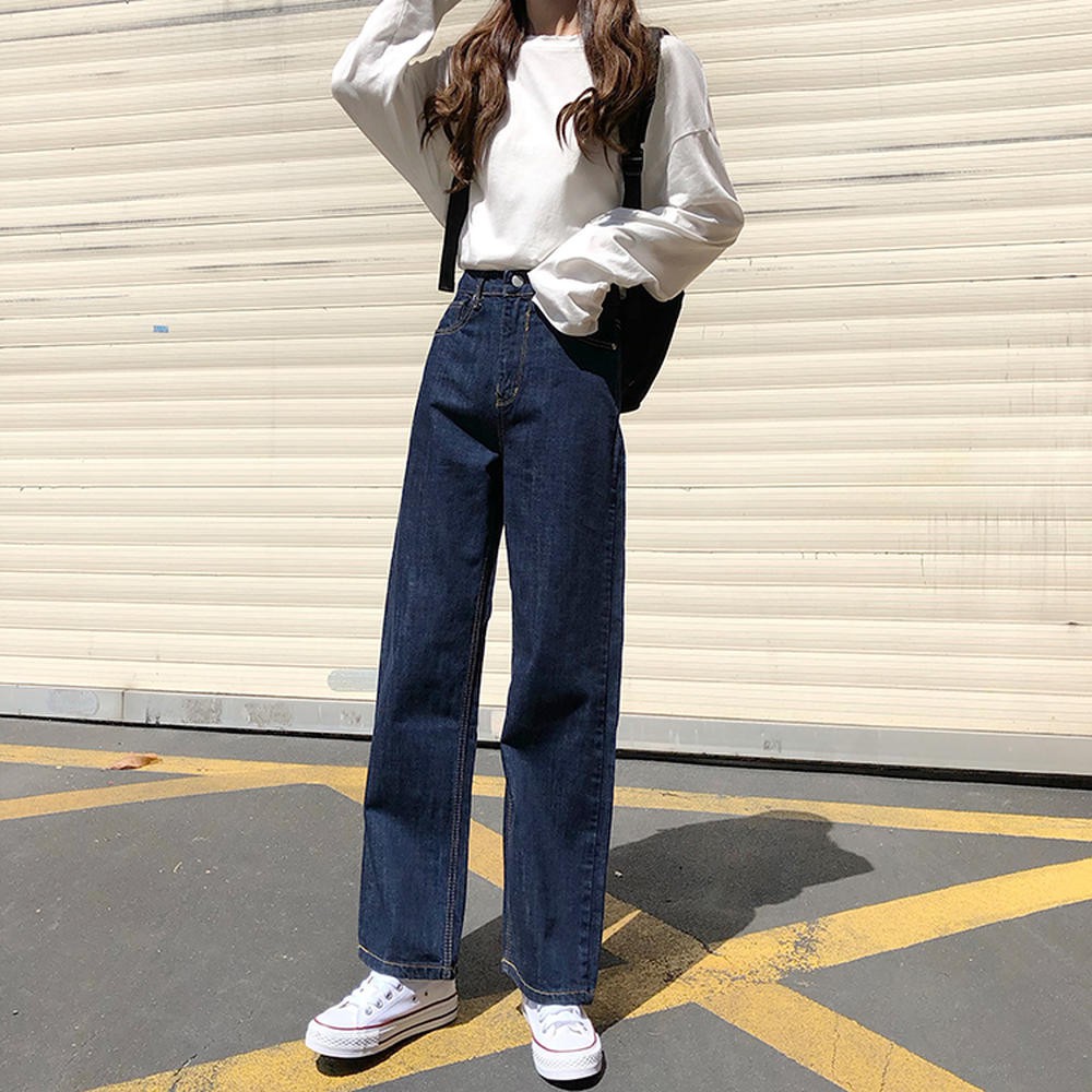 Quần jean 31437 ống suông rộng màu xanh dương phong cách retro thời trang Hàn Quốc dành cho nữ  | BigBuy360 - bigbuy360.vn
