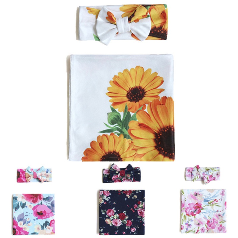 Set 2 Món Gồm Chăn Quấn Và Băng Đô In Họa Tiết Hoa Muslin Dành Cho Bé Sơ Sinh