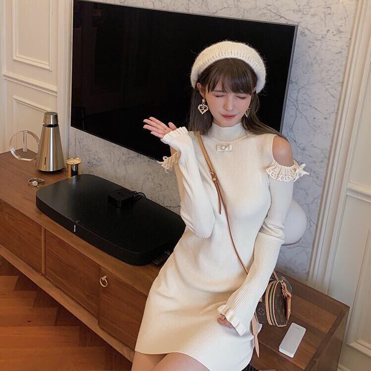 Ahoyeap Đầm sweater Dệt Kim Dáng Ôm Hở Vai Gợi Cảm Mùa Thu / Đông Mới Neowoman