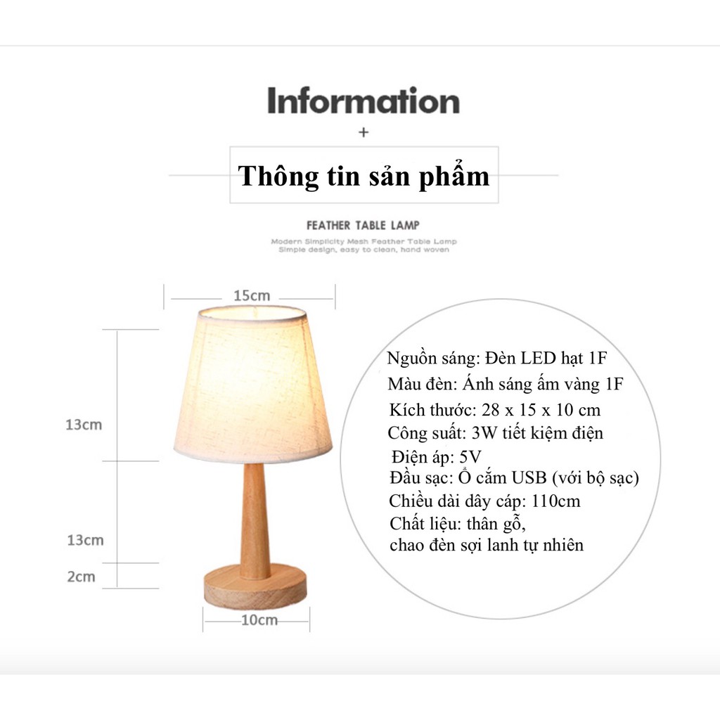 Đèn Ngủ Để Bàn Thân Gỗ Thông 1997store_vn - Cổng USB , KT 30 x 17 x 10 cm - Đèn Ngủ Decor Nhà Cửa - BH 1 Năm