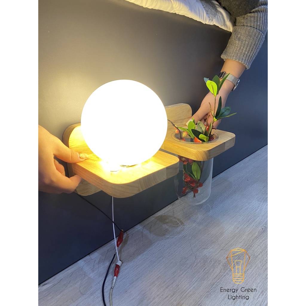 Đèn Tường Energy Green Lighting Kệ Gỗ Chao Thủy Tinh Hiện Đại DT-3019 - Trang Trí Căn Phòng - Bảo Hành 12 Tháng