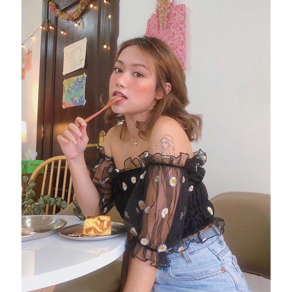 Áo voan nhún hoa cúc tay lưới cute TTSL0232