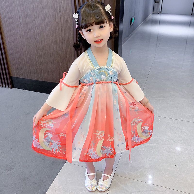 Đầm Công Chúa Hán Phục Tay Ngắn Phong Cách Trung Hoa Mới Mùa Hè 2022 Cho Bé Gái
