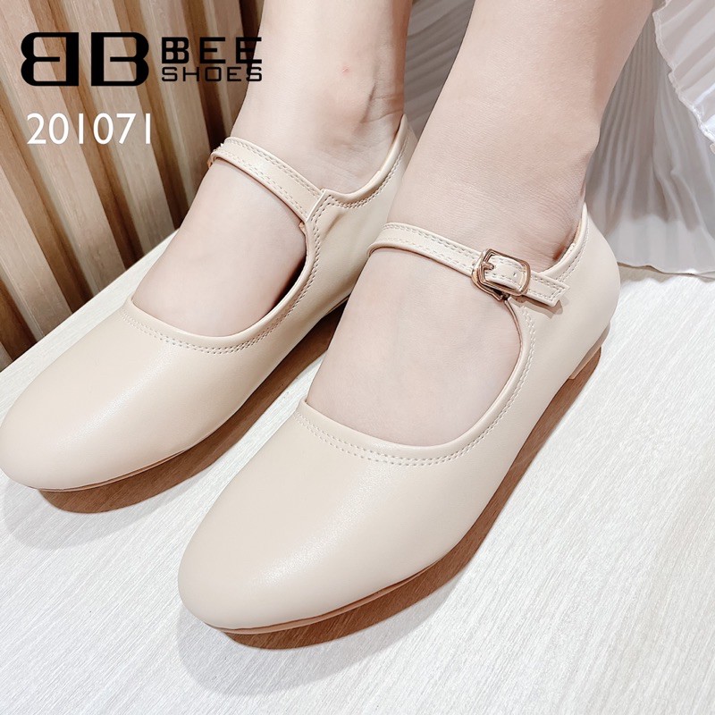 BEESHOES - GIÀY BÚP BÊ NỮ MŨI TRÒN QUAI NGANG DA MỀM - GIÀY BÚP BÊ NỮ ĐẾ BỆT SẴN MÀU ĐEN - BE - TRẮNG 201071