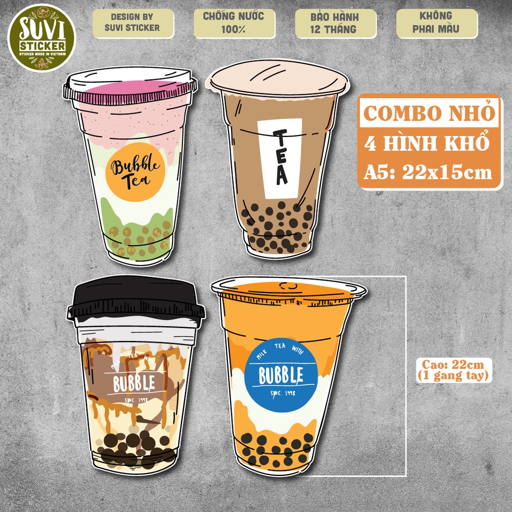 Combo Decal Trà Sữa khổ lớn trang trí tường, dán kính, trang trí quán cà phê khổ A4 chống nước. KL19