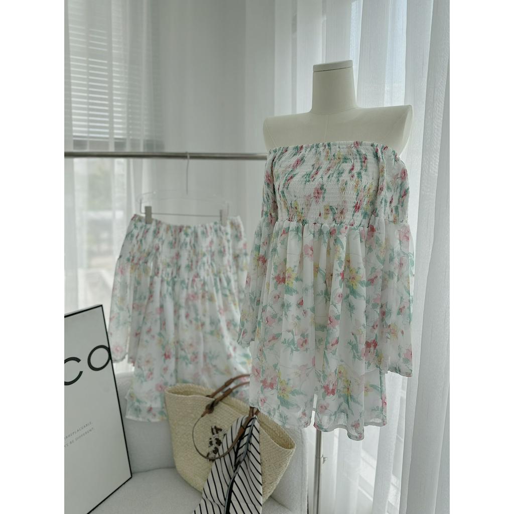 ĐẦM VOAN BẸT VAI HOA BO CHUN TAY PHỒNG