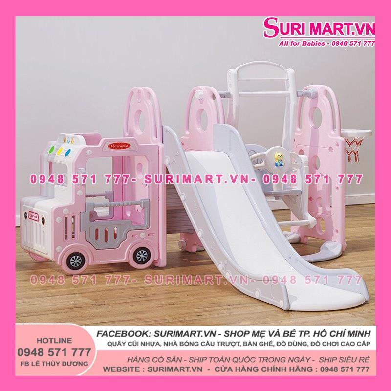 Cầu trượt xích đu ô tô Bus đa năng - Cầu trượt ô tô Bus cho bé 4in1