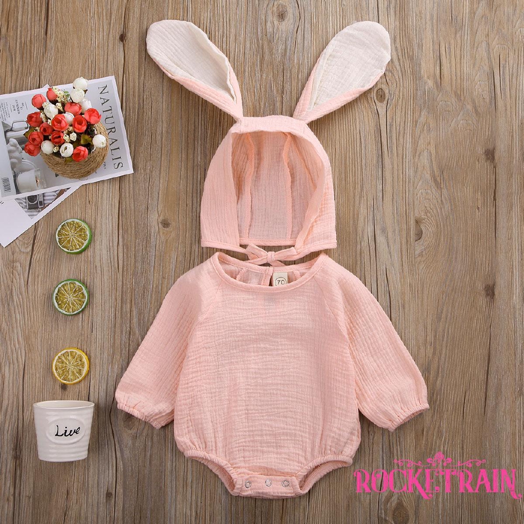 Jumpsuit Hình Tai Thỏ 3d+nón Cho Bé 0-24 Tháng Tuổi