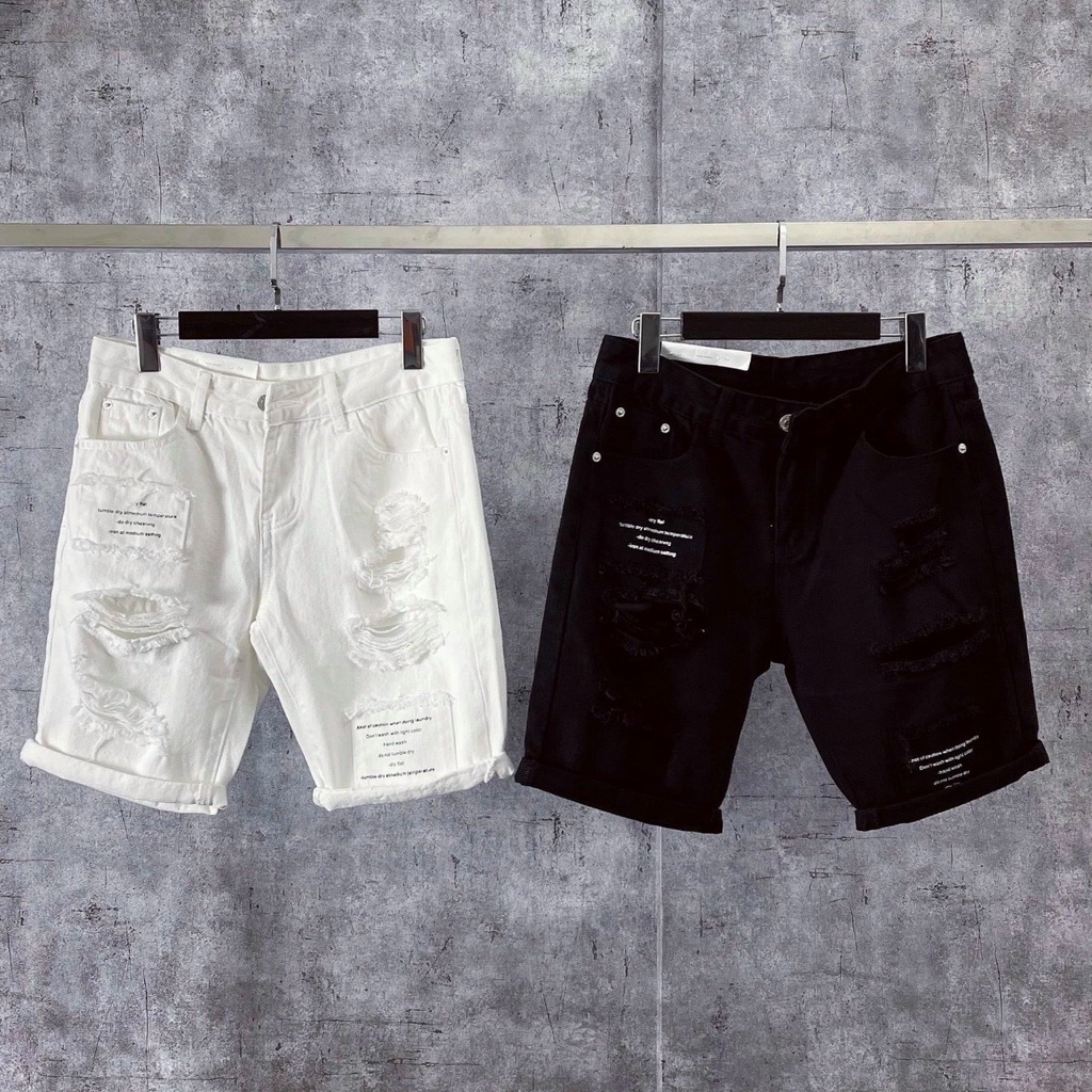 Quần short jean nam [FREESHIP]+thêu chữ 2 màu trắng đen form chuẩn cao cấp-AHFASHION