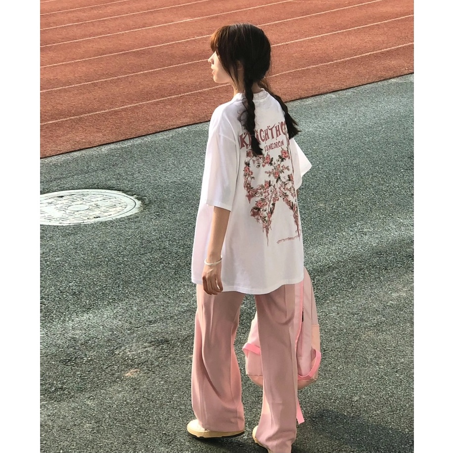 Áo thun XIAOZHAINV dáng rộng ngắn tay in họa tiết hoa và bướm phong cách retro cho nữ