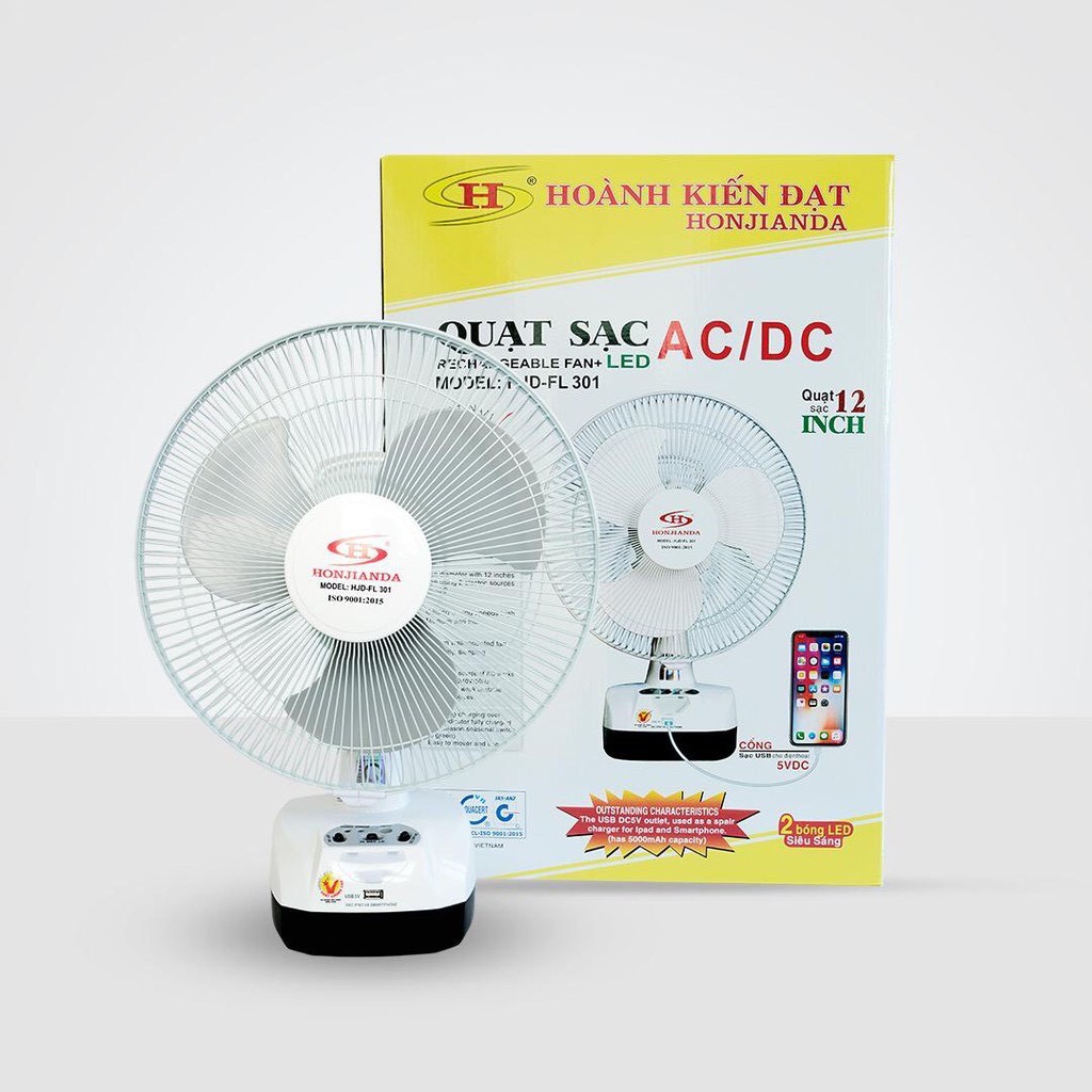 Quạt sạc tích điện để bàn AC&DC 12 inch Honjianda FL301 1/2b bình - có đèn ngủ LED & USB | BigBuy360 - bigbuy360.vn