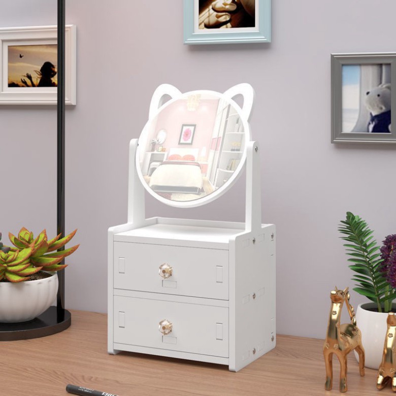 Bàn Trang Điểm Mini 2 Tầng Có Gương Mèo Hello Kitty Bằng Gỗ Nhựa Để Phòng Ngủ - Màu Trắng Nhỏ Gọn Đựng Mỹ Phẩm -MonacoSt