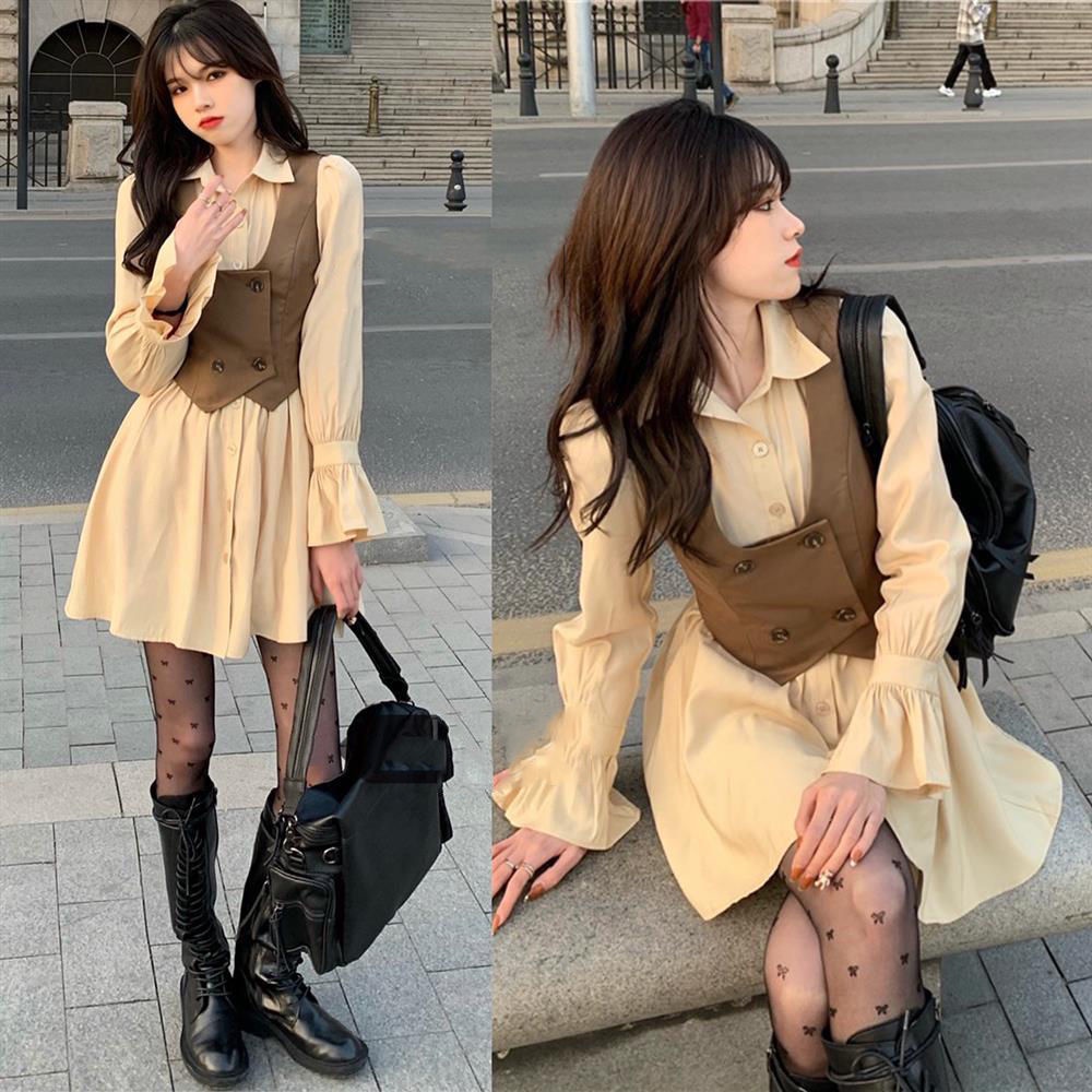 Set Áo Khoác Không Tay + Đầm Tay Dài Xinh Xắn Thời Trang Dành Cho Nữ