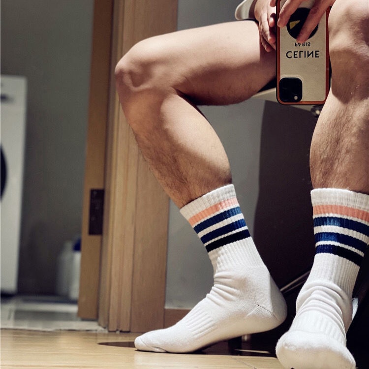 Vớ Cotton Dày Dặn Thấm Hút Mồ Hôi Họa Tiết Kẻ Sọc Cầu Vồng Cho Nam