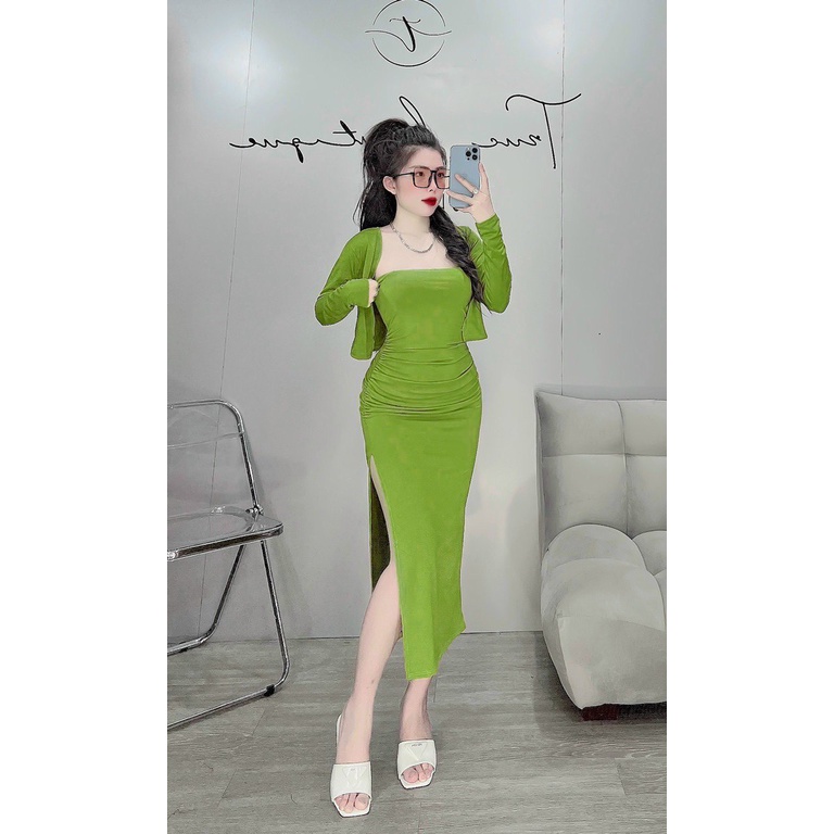 Set Đầm Dài Xẻ Đùi Kèm Áo Khoác Chất Thun Borip Thích Hợp Mặc Đi Tiệc Đi Làm Đi Chơi Phù Hợp Mọi Phong Cách