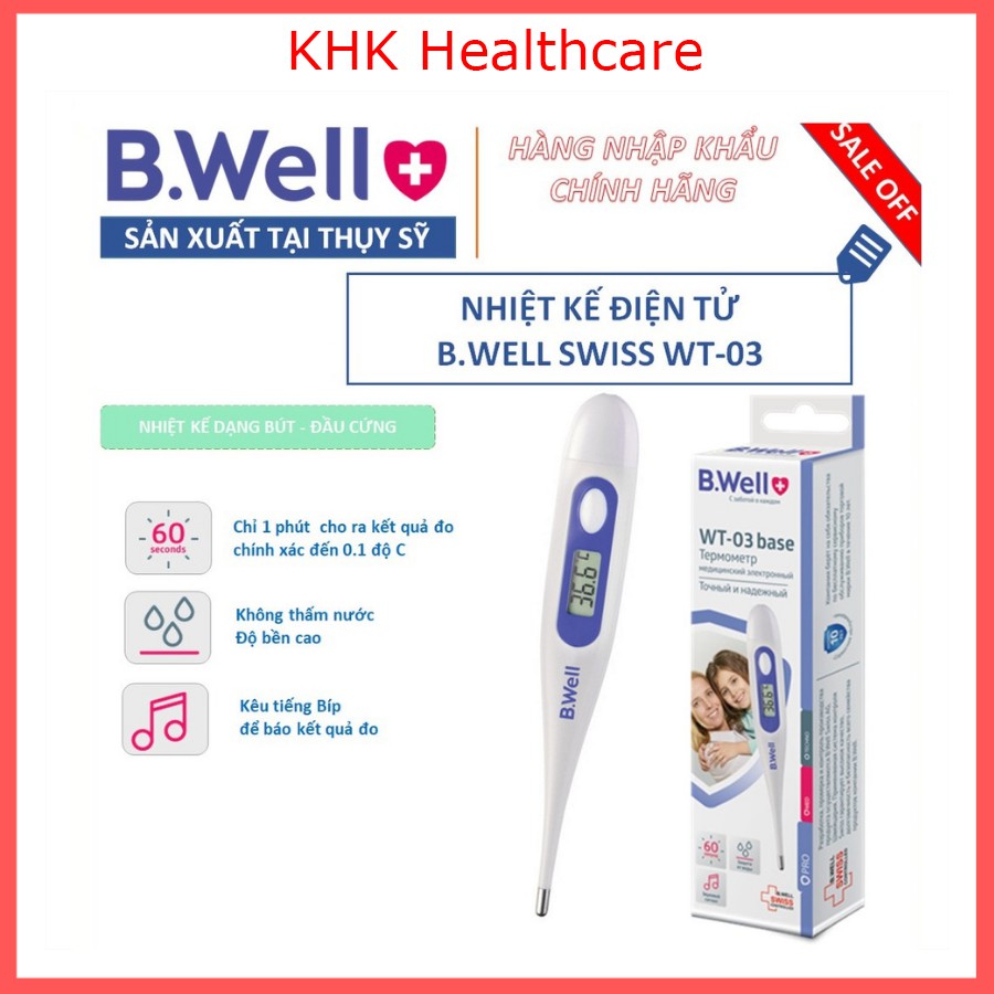 Nhiệt kế điện tử B.Well WT-03 đo nhanh trong 60s, có cảnh báo sốt và chống thấm nước, nhập khẩu Thụy Sỹ