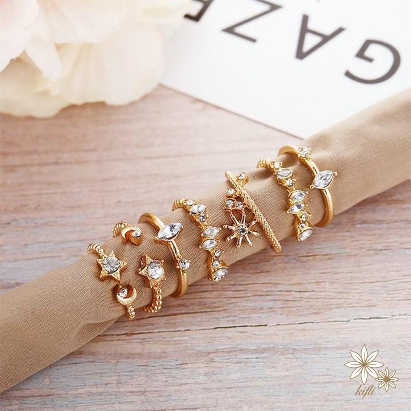 【kifli】Bộ nhẫn 17KM mạ vàng / bạc đính ngọc trai giả họa tiết rắn / xoắn / trái tim / bướm cá tính