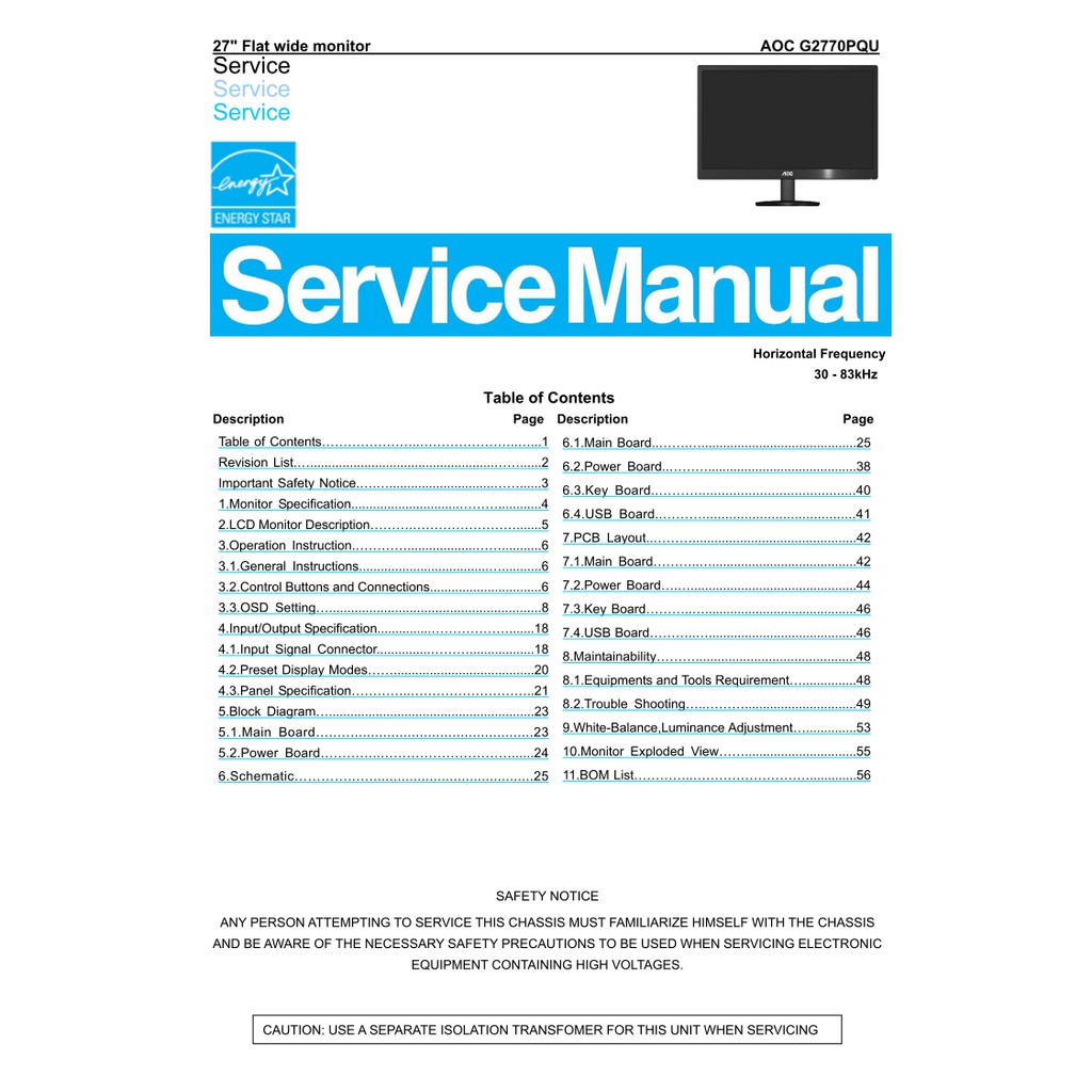 Hướng dẫn sửa chữa và sơ đồ màn AOC G2770PQU