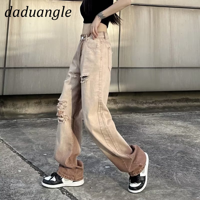 Quần dài Daduhey màu nâu sáng ống rộng lưng cao phối rách thời trang retro cao cấp cho nữ