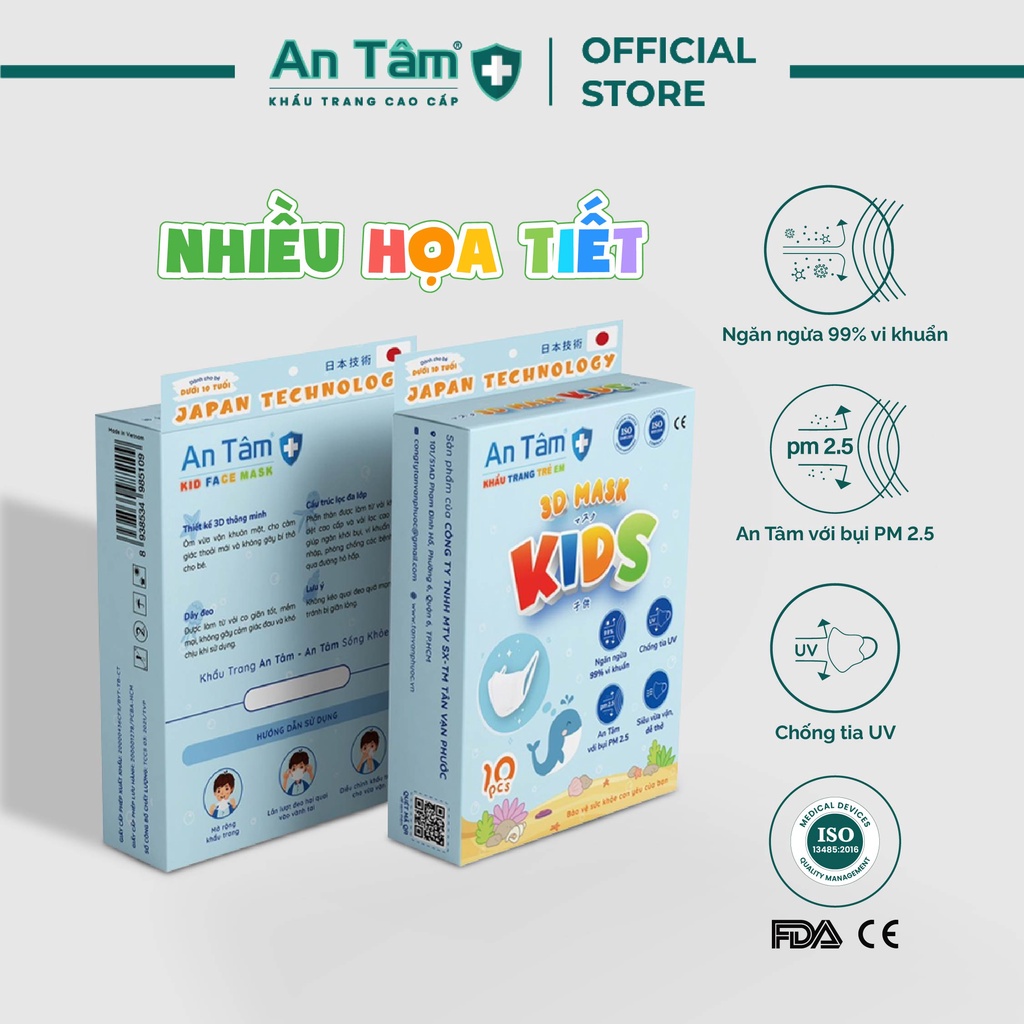 Khẩu trang y tế 3D Nhật Bản cho bé kháng khuẩn, chống tia UV - Chính Hãng AN TÂM - Hộp 10 cái