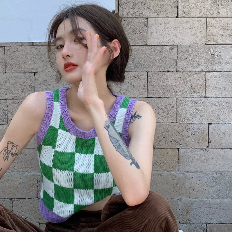 Áo Croptop Dệt Kim Không Tay Dáng Rộng Màu Sắc Thời Trang Cho Nữ