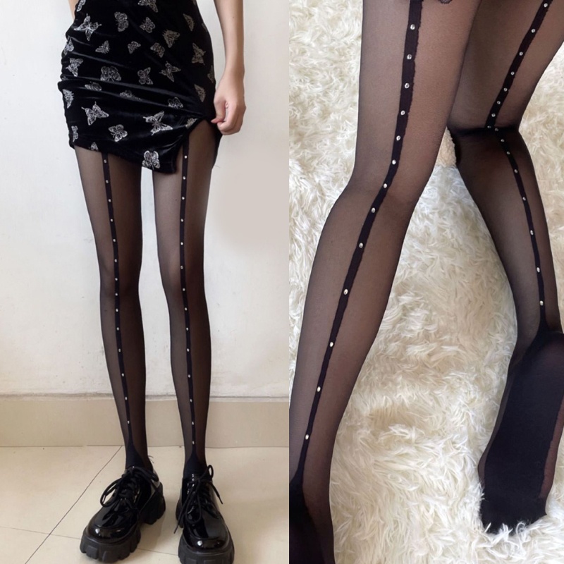 Youyo Quần Tất Kẻ Sọc Đính Đá Đường Viền Tôm Gợi Cảm Đi Club Cho Nữ Ti