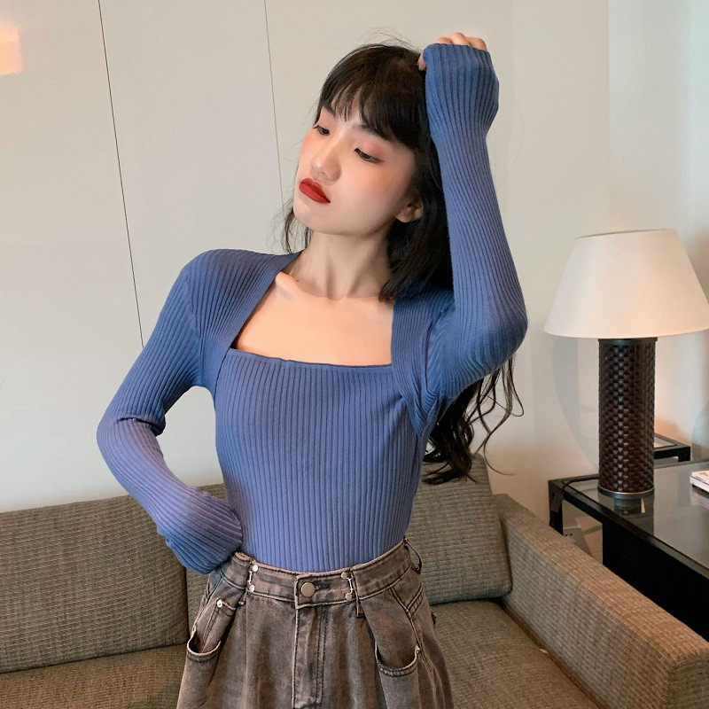 Áo len tay dài cổ vuông ôm sát màu trơn cho nữ | BigBuy360 - bigbuy360.vn