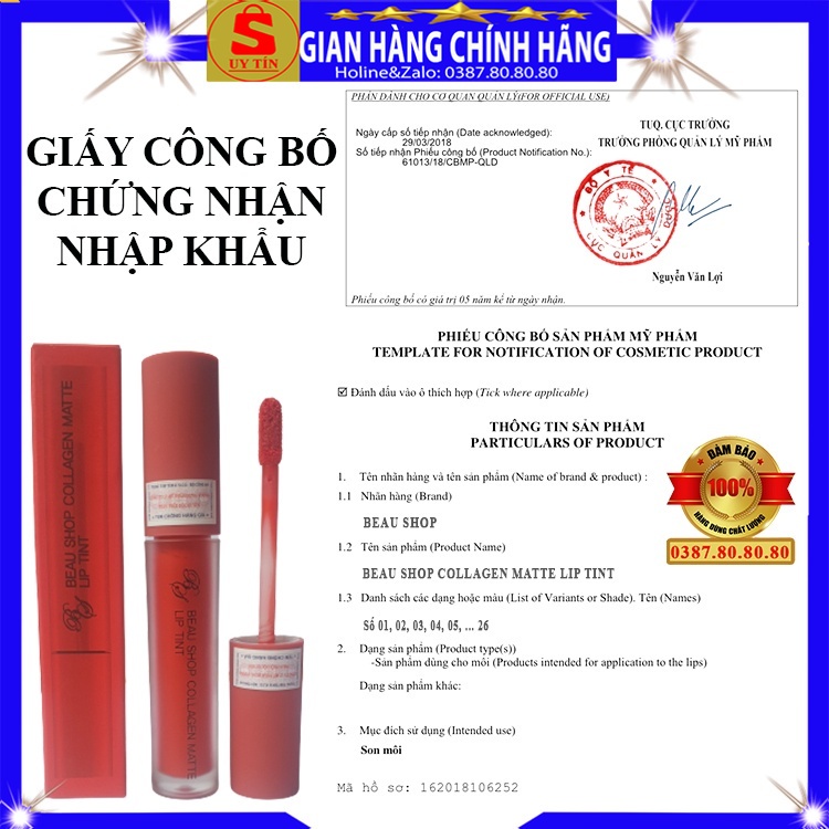 Son kem siêu lì không trôi khi ăn uống chống nắng cao cấp chính hãng Beau Shop hàn quốc son nước lâu trôi collagen 24h