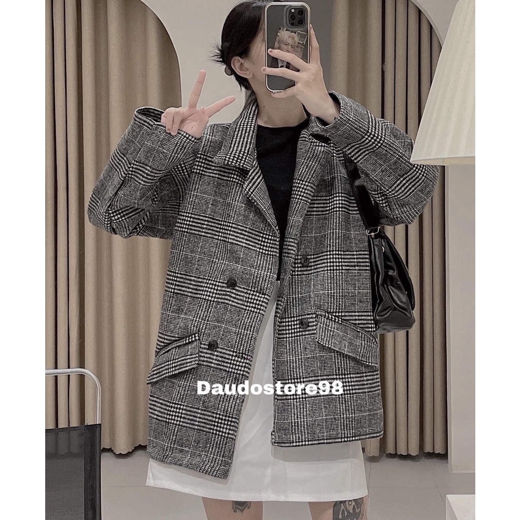 Áo khoác dạ kẻ thiết kế tay dài cổ vest  Áo blazer form rộng thời trang Hàn Quốc xuongmaythuhien