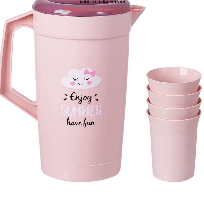 Bình nước 2 lít kèm 4 cốc siêu cute- Ca uống nước nhựa PP an toàn dễ thương thể thao có quai thông minh 𝗚𝗜𝗔𝗗𝗨𝗡𝗚𝗛𝗔𝗡𝗢𝗜𝟯𝟵