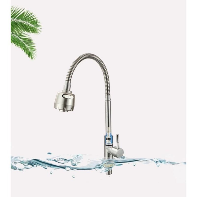Vòi rửa chén bẻ lò xo inox 304. Vòi xoay bẻ 360⁰, đầu vòi tăng áp nút chỉnh 2 chế độ nước siêu mạnh