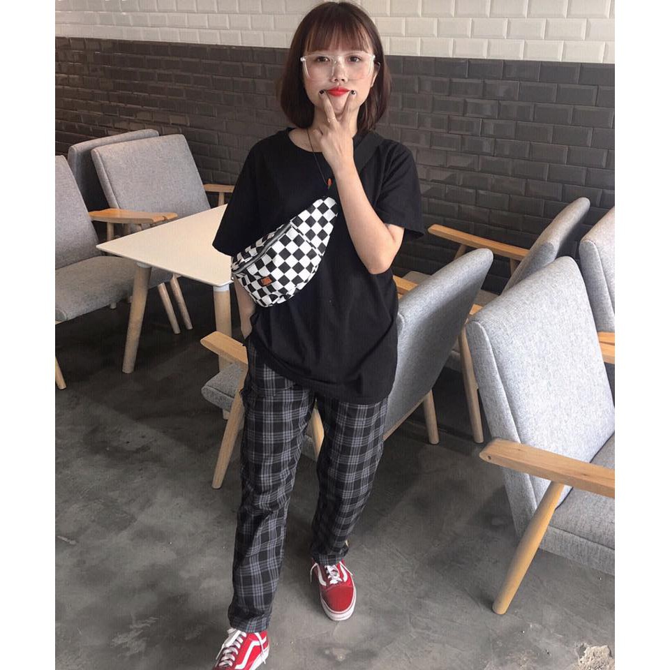 Quần caro xanh đen UNISEX 5theway - Quần baggy ca rô - Plaid Pants Xám đen ảnh thật