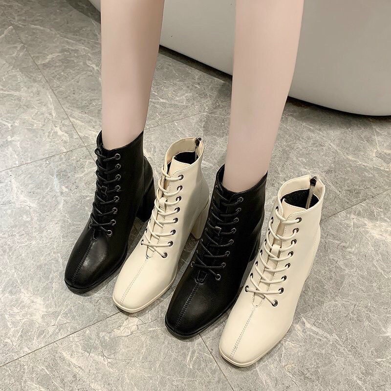 Giày Boot Cao Cổ Style Ulzzang EA7 Siêu Hottrend - bốt cổ cao da lỳ gót vuông Cao Cấp