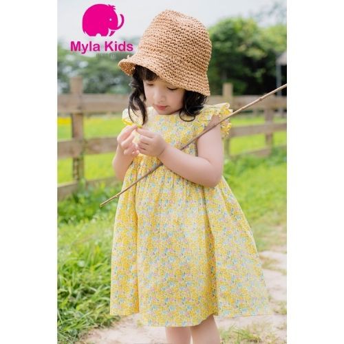 Đầm bé gái họa tiết hoa nhí màu vàng tay cánh tiên  Mylakids chất liệu thô cotton an toàn cho da bé