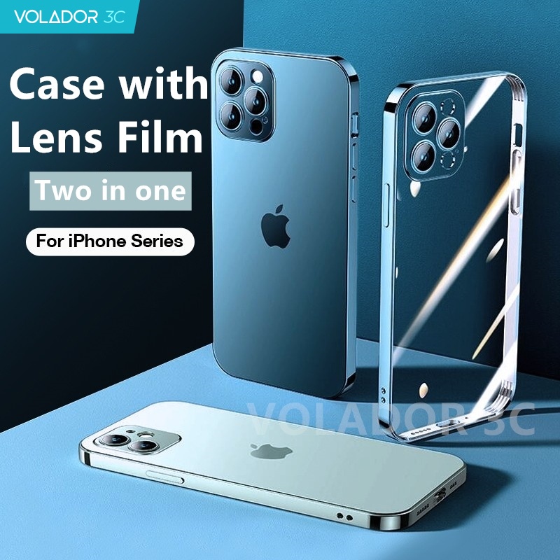 Ốp điện thoại trong suốt mạ điện hình vuông có dán bảo vệ ống kính máy ảnh cho IPhone 13 12 11 Pro XS Max X XR 7 8 Plus