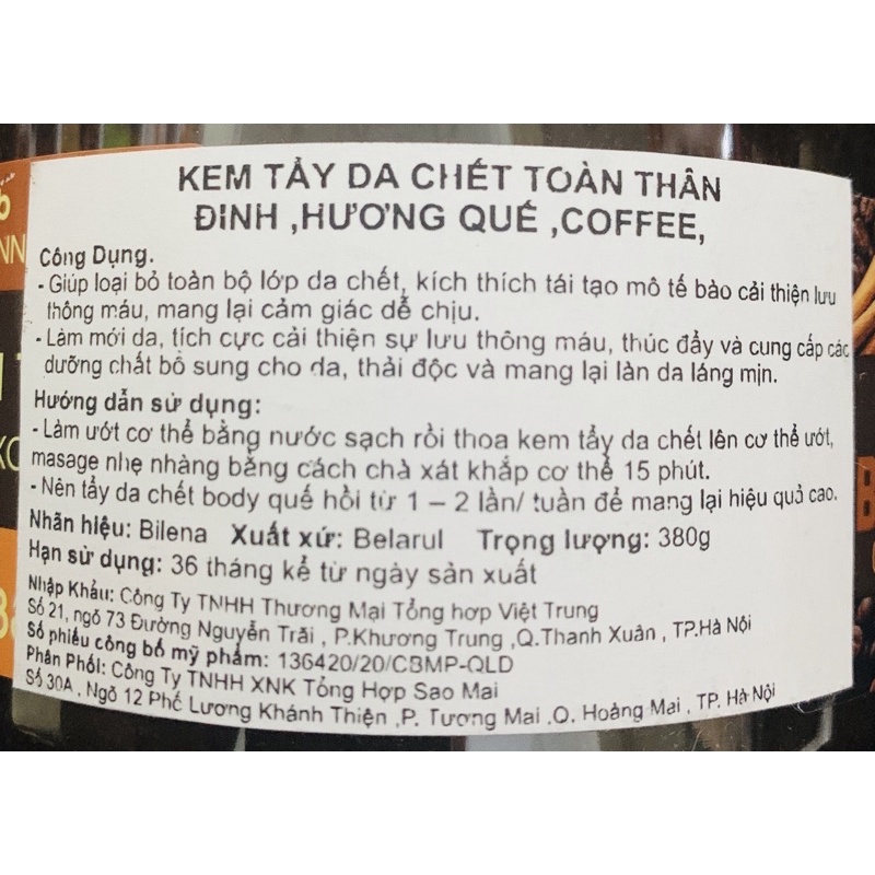 ✅[CHÍNH HÃNG] Tẩy Da Chết Toàn Thân Bilena Cosm Beaty Triết Quế Hồi &amp; Cafe 380G