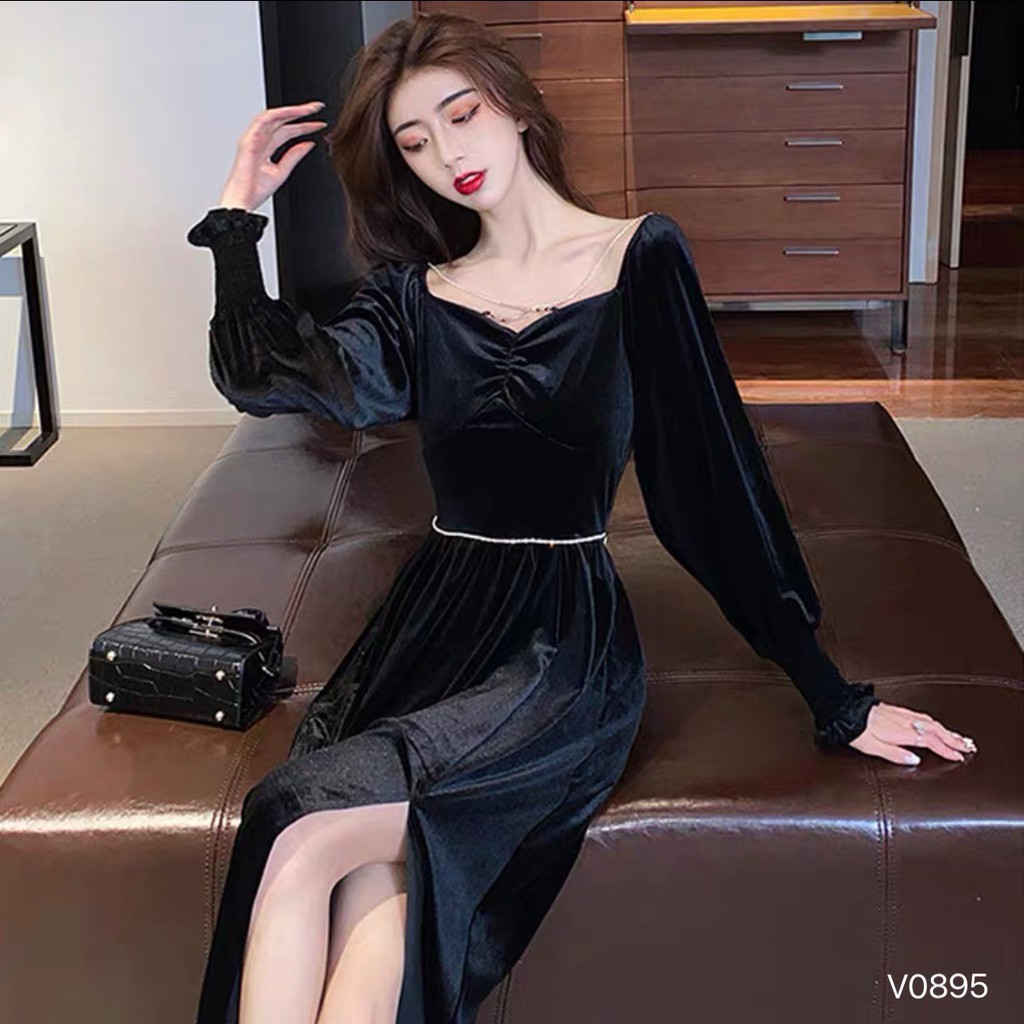 Đầm Cổ Vuông Dây Bling Tay Phồng LSEOUL V0895 Chất Dày Dặn Sang Trọng Kiêu Sa