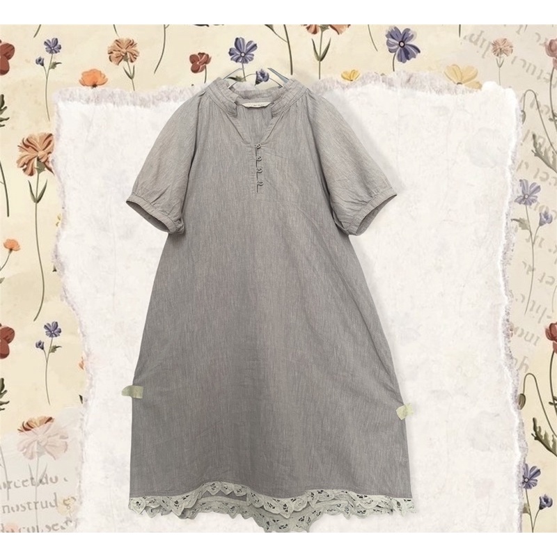 2hand Wind's Clothes 🤍 Váy linen Nhật phối ren tay bồng màu xám xinh