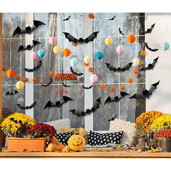 Set 12 / 28 / 60 / 120 Sticker Dán Tường Chống Nước Hình Dơi 3D Màu Đen Trang Trí Halloween