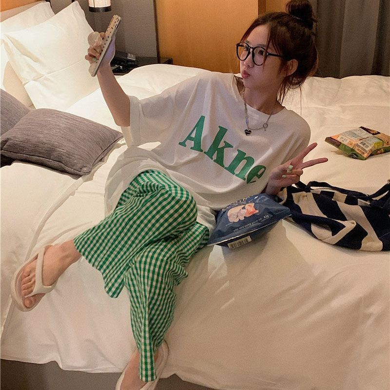 Jiashucheng Quần Dài Mặc Ở Nhà Dáng Rộng Kẻ Sọc Ca Rô Màu Xanh Lá Thời Trang Mùa Hè Cho Nữ