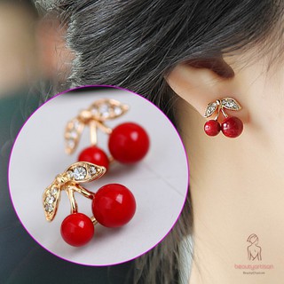 Bông tai dạng xỏ lỗ thiết kế mặt hình quả cherry màu đỏ dễ thương
