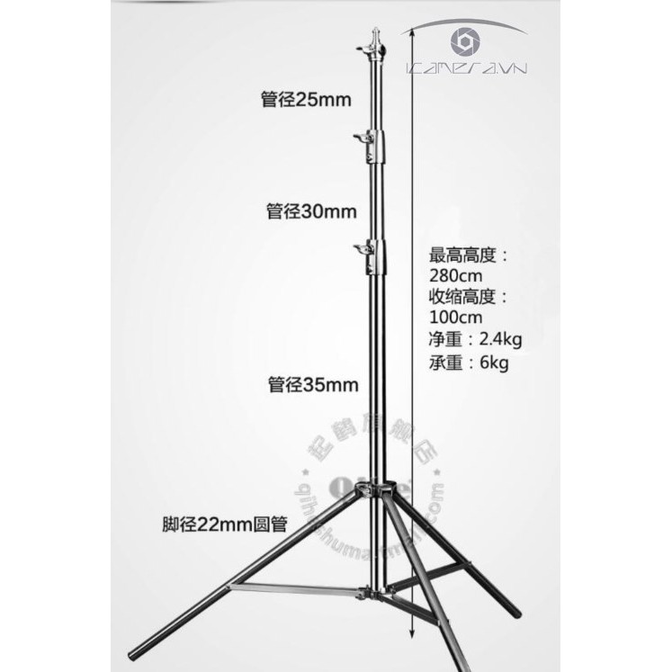 Chân đèn inox 2.8m cỡ lớn quay phim, chụp ảnh cho studio và sản xuất phim dùng cho nhiều loại đèn và khung treo phông