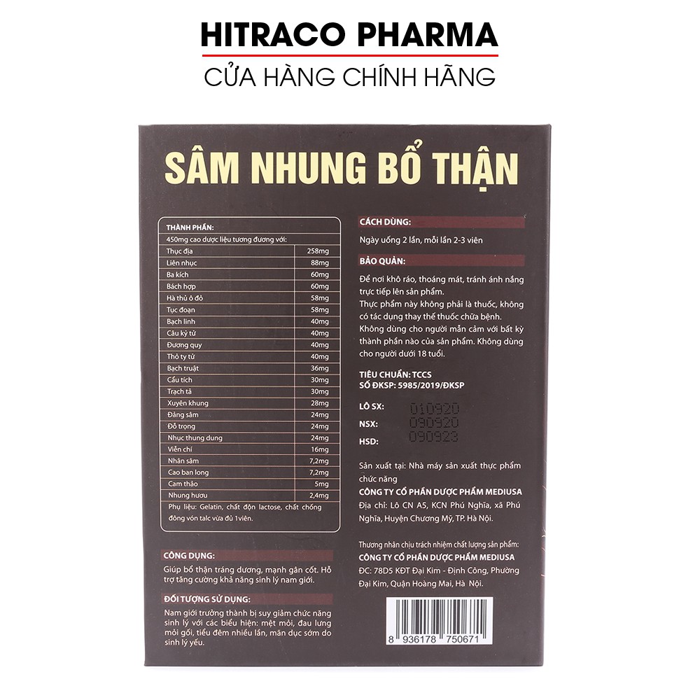 Viên uống tăng cường sinh lý nam Sâm Nhung Bổ Thận giảm đau lưng, mỏi gối, tiểu đêm nhiều - Hộp 30 viên