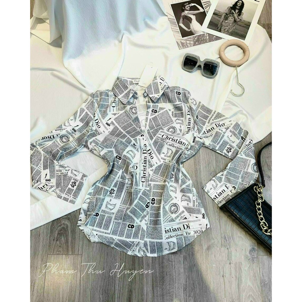 Áo sơ mi tay dài fomr rộng màu tờ báo chữ hiệu cực xinh , chất voan mềm mịn