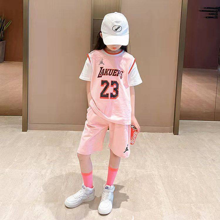 Quần Áo Bóng Rổ Đồ Bóng Rổ Cô gái bóng rổ đồng phục thể thao phù hợp với tay ngắn giả hai mảnh 2021 mới lớn trẻ em hai mảnh thời trang nước ngoài