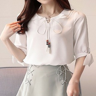 028AK - Áo Kiểu Tay Lỡ Cổ Sen Nhún Bèo Thắt Nơ Dễ Thương.