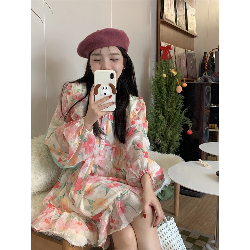 Đầm babydoll hoa hồng cổ sen, váy babydoll hoa viền bèo có dây buộc eo - V88