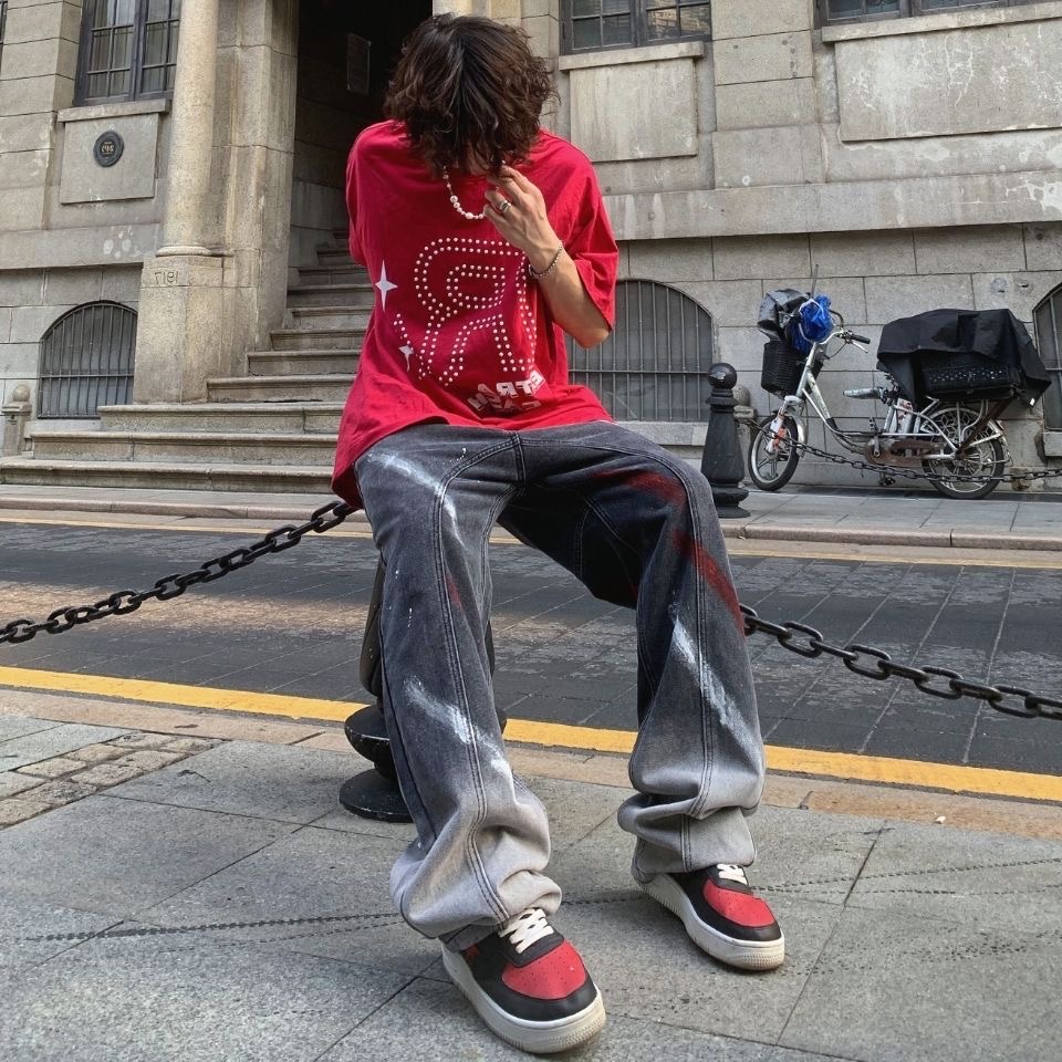 Quần jean ống rộng unisex hình thêu vảy sơn phong cách đường phố