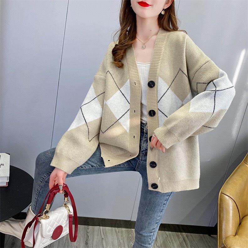 Áo len nữ Cardigan cổ V kẻ caro chất vải mềm cho nàng phong cách Hàn Quốc
